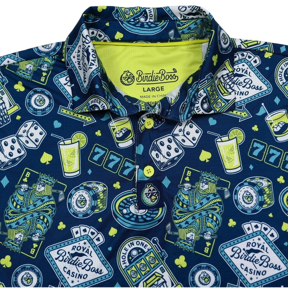 Birdie Boss Mens L Royal Casino Golf Polo High Roller Jackpot Vegas Poker Shirt